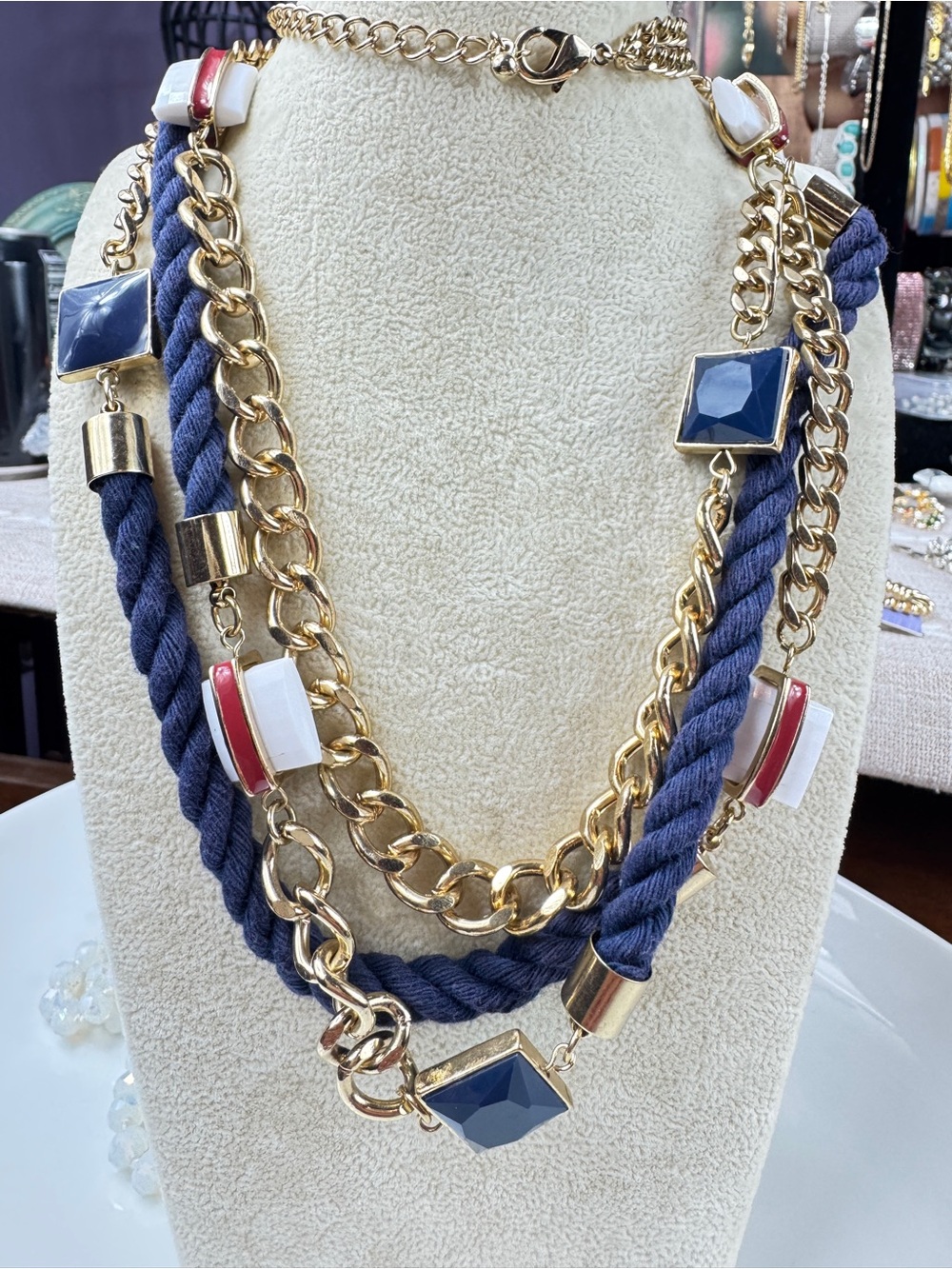 Navy Rope and Gold Chain Multi-Strand Necklace with White & Red Accents
